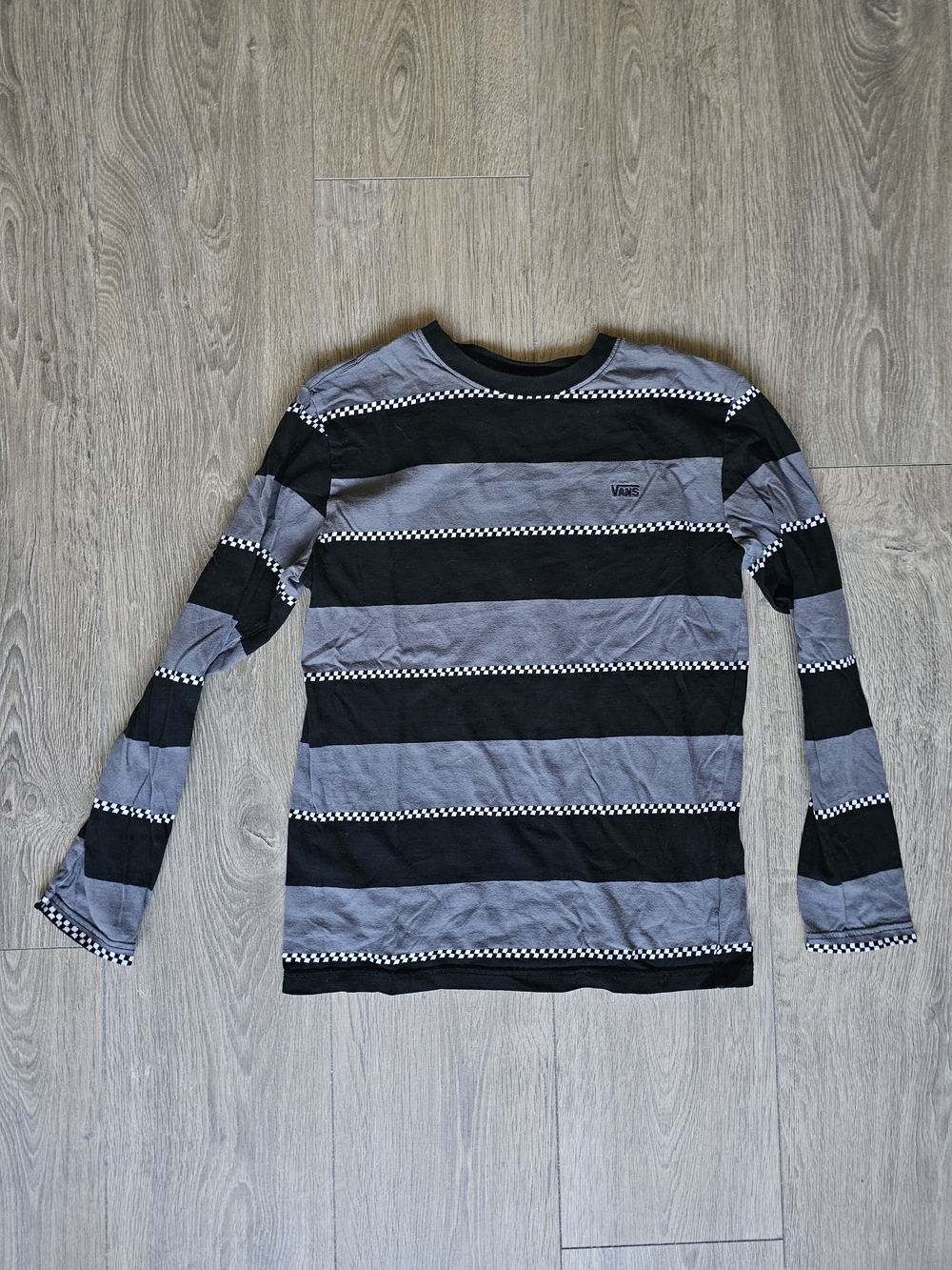 Vans Black & Gray Striped Long-Sleeve Tee with Checkerboard Trim